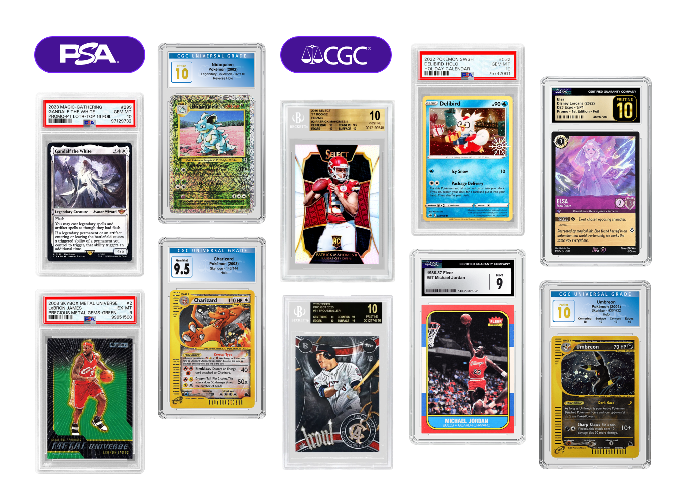 A collection of PSA- and CGC-graded collectible cards